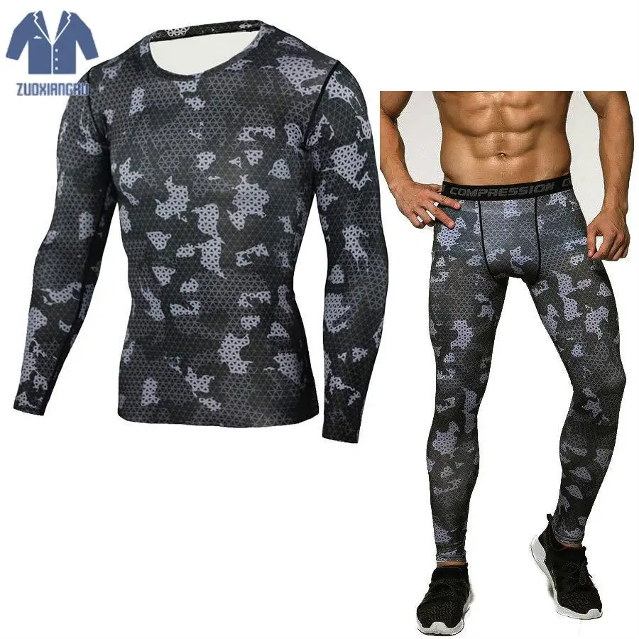 Камуфляж Сжатия Рубашка Тактический Костюмы с длинным рукавом комплекты для мужчин быстросохнущая Crossfit Мода Фитнес костюм Jogginsg