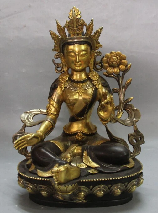 

shitou 002663 12" China Purple Bronze 24K Gold Pure Silver Seat Lotus Green Tara Buddha Statue