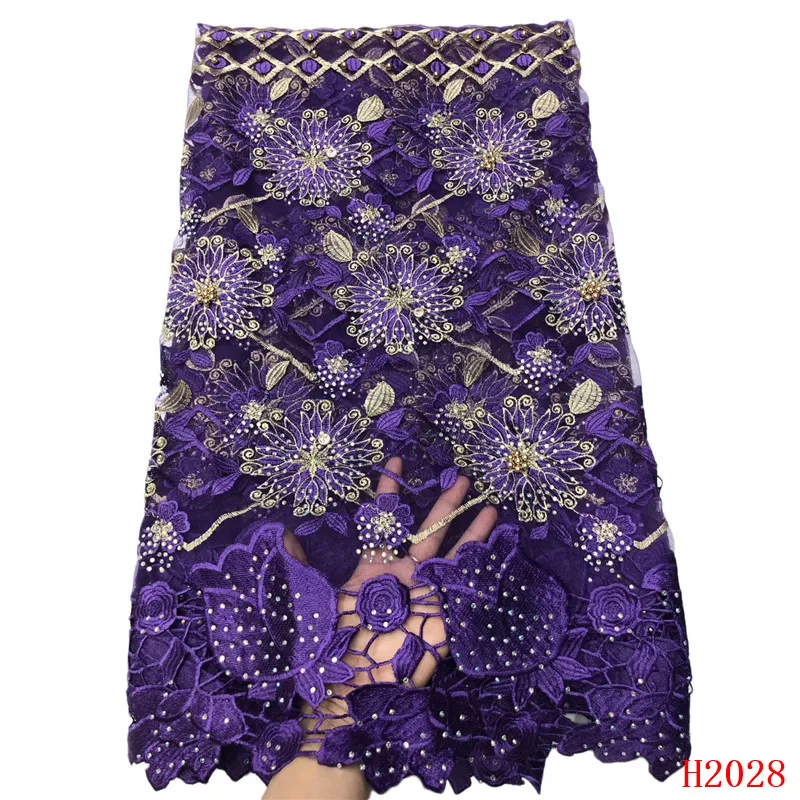 

Purple High Quality French Lace Fabric 2019 Embroidered African Guipure Lace Rhinestones Mesh Lace Fabric HX2028