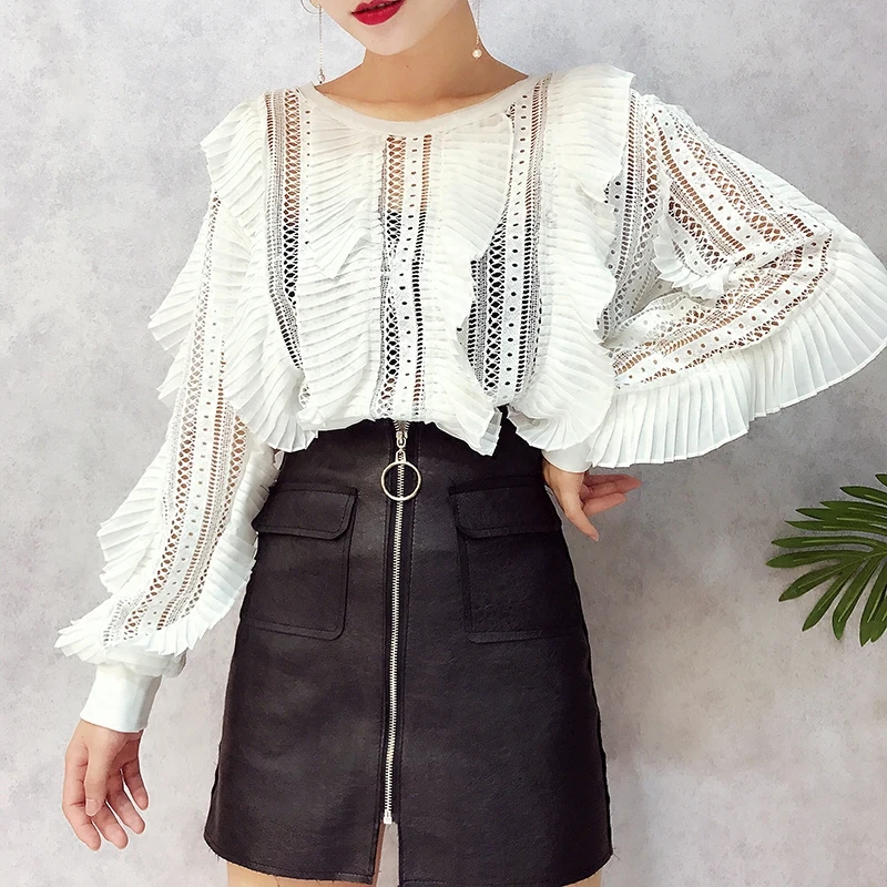 En Ligne ALPHALMODA Automne Nouvelle Dentelle Blouses À Volants Rayé Évider Sexy Dames De Mode Chemises Blanc Noir Lâche Top