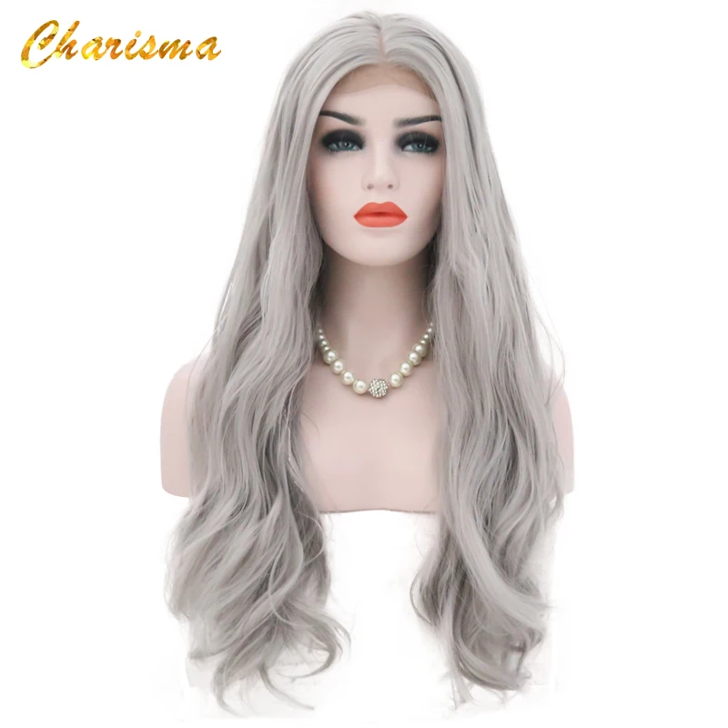 Charisma Синтетические длинные волнистые парики на кружеве 150% плотность бесклеевой серый цвет парики с натуральной линией волос гребни внутри для женщин