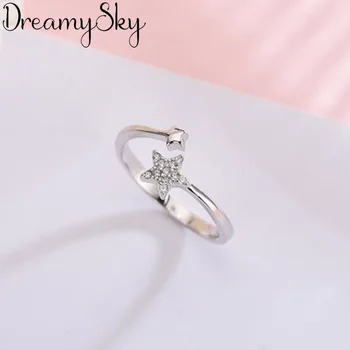 

Romantic Style New Luxury 925 Sterling Silver Big Star Rings For Women Wedding Retro Adjustable Size Ring Party Gifts