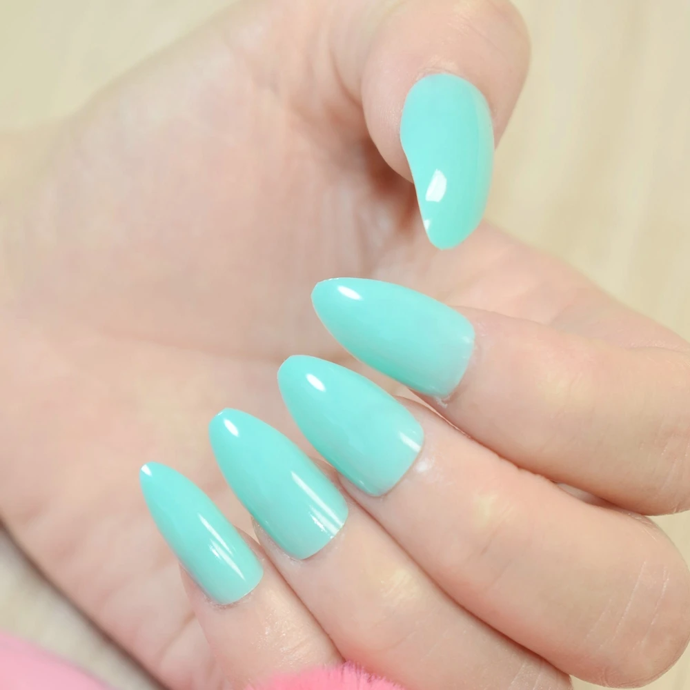 Full Cover Acrylic False Stiletto Nails Tips UV Medium Light Cyan Green