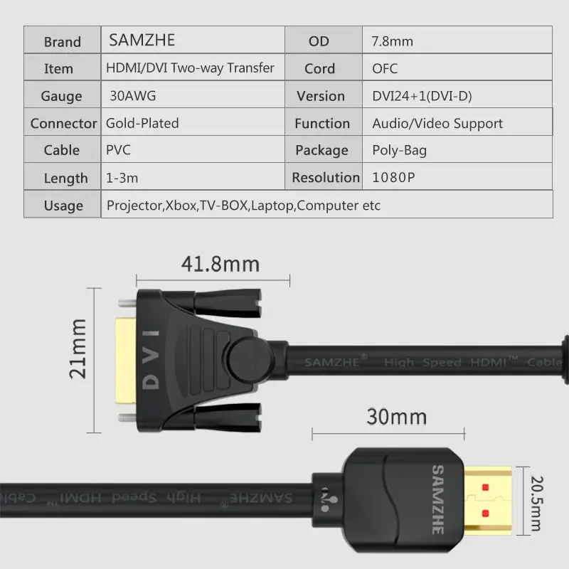 SAMZHE DVI к HDMI/HDMI к DVI двунаправленная передача 1080P HDMI кабель для компьютера проектора, ТВ-экрана Xbox, ноутбука