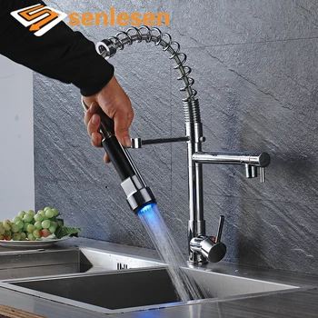 

Senlesen Led Kitchen Sink Taps Chrome Brass Spring LED Kitchen Faucet Single Handle Hole Vessel Sink Mixer Tap