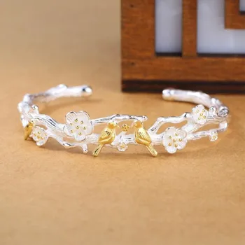 

New Arrival Temperament Creative Fashion 925 Sterling Silver Jewelry Bracelets Cute Bird Plum Blossom Christmas Bangles SB44