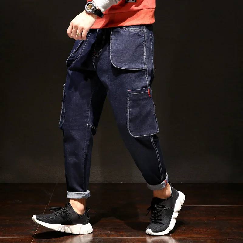 Men Jeans Pockets Stretch Loose Washed Men Denim Jeans