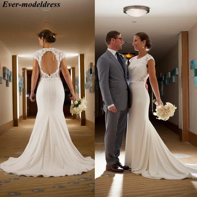 

Elegant Mermaid Wedding Dresses 2019 Sexy Backless Cap Sleeves Lace Appliques Satin Simple Bridal Gowns Robe De Mariee Cheap