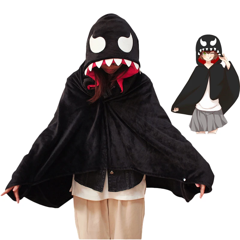 

Superhero Venom Spider-man Cosplay Cloak Air Blankets Winter Warm Hoodie Shawl Black Cloak 85x145cm