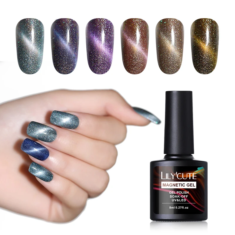 LILYCUTE Holographic 5D Cat Eye Gel Polish Shimmer Glitter Soak Off UV