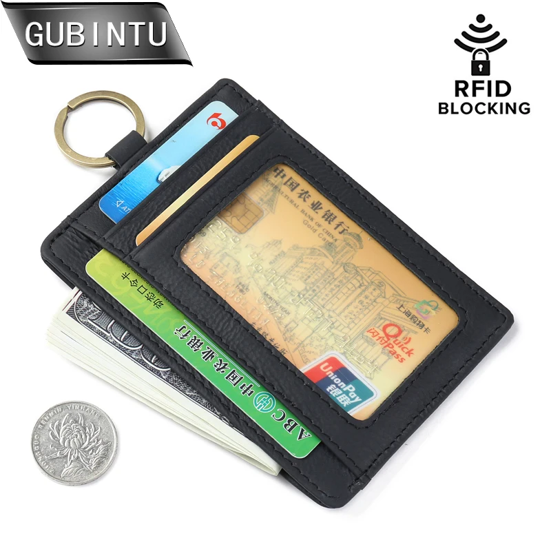 Genuine leather Thin Credit Card Holder Mini Wallets Key Holder Rfid