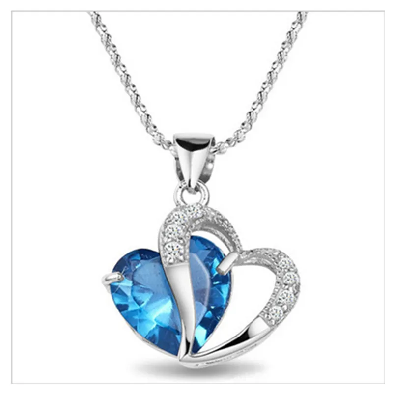

Spiffing Heart Shape Crystal Pendant Real 925 Silver Necklace Three Colors with Box