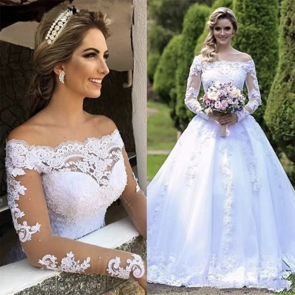 

Fansmile Vestido De Noiva Long Sleeve Vintage Lace Ball Wedding Dress 2019 Train Bridal Wedding Tulle Mariage FSM-641T