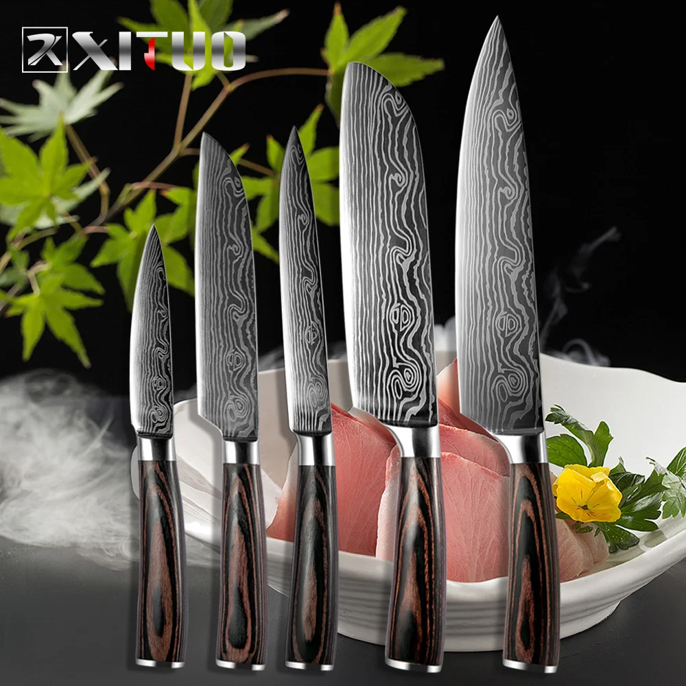 

XITUO 5 PCS Kitchen Knives Sets Japanese Damascus Steel Pattern Chef Knife Santoku Cleaver Paring Slicing Utility Fish Tool Gift