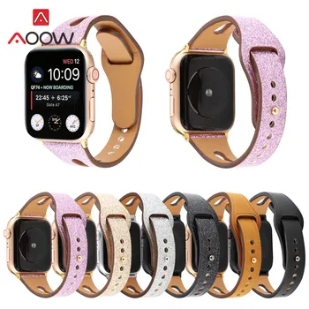 

Glitter Genuine Leather Loop Watchband for Apple Watch 40mm 44mm 38mm 42mm Slim Bracelet Band Strap for iWatch 1 2 3 4 No powder