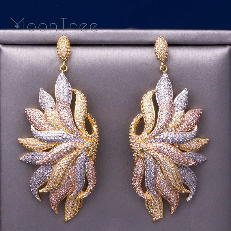 

MoonTree 65mm Fashion Feather Shape Earrings Cubic Zirconia 3 Tone Metal Color Wedding Drop Earring Fashion Jewelry for Women