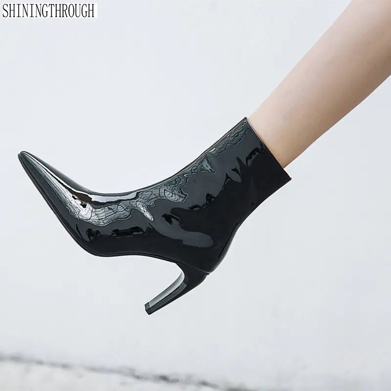 

2019 New patent leather boots women pointed toe warm autumn winter ankle boots sexy high heels shoes woman large size 42 43