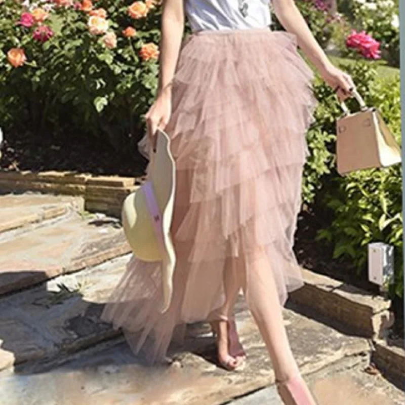 Модная черная длинная юбка Длинное Пышное с оборками многоярусная юбка из тюля в корейском уличном стиле розовая шикарная юбка-пачка для женщин с эластичной резинкой на талии