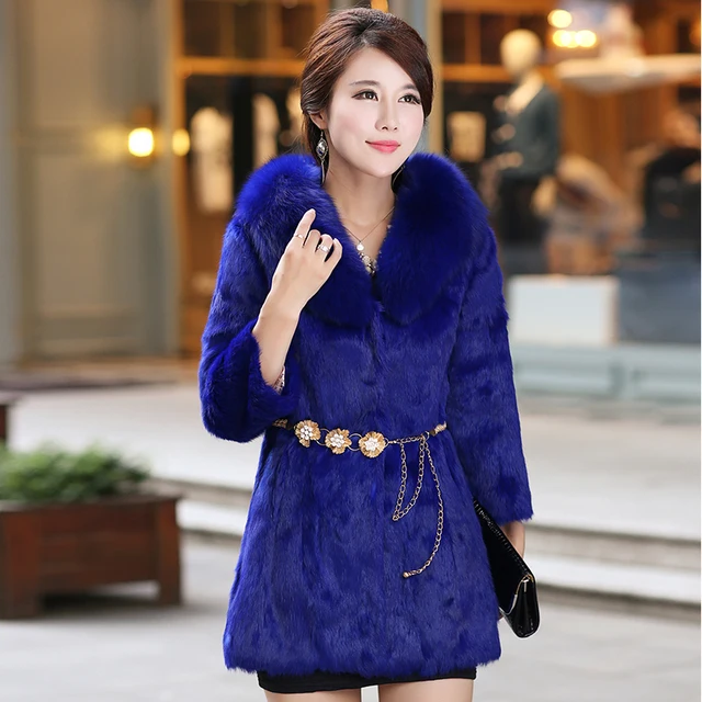 Cheap 2015 new winter women's full pelt  real rabbit fur coat medium-long with  fox fur collar outwear female plus size