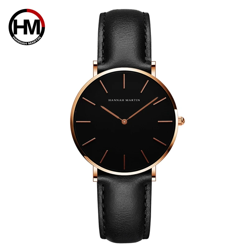 HANNAH Martin брендовые Модные Простые японские часы с кварцевым механизмом кожаный ремешок нейлоновые часы женские водонепроницаемые наручные часы 776 - Цвет: Black Gold