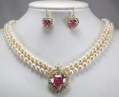 

A0503 Wholesale fast SHIPPING >>>> New 2 row white pearl necklace + heart pink zircon pendant earring set AA1234 (0430)