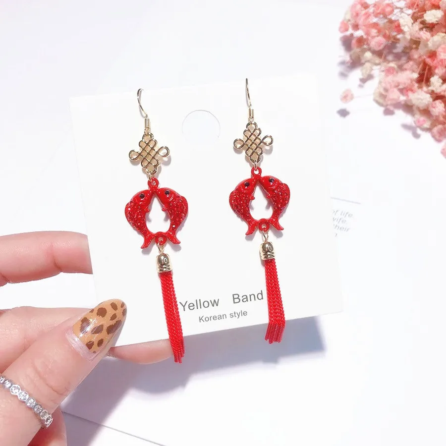 Red Lantern Chinese Knot Long Earrings Retro Chinese Style Festive Tassel Earrings New Year Women Fashion Jewelry Accessories