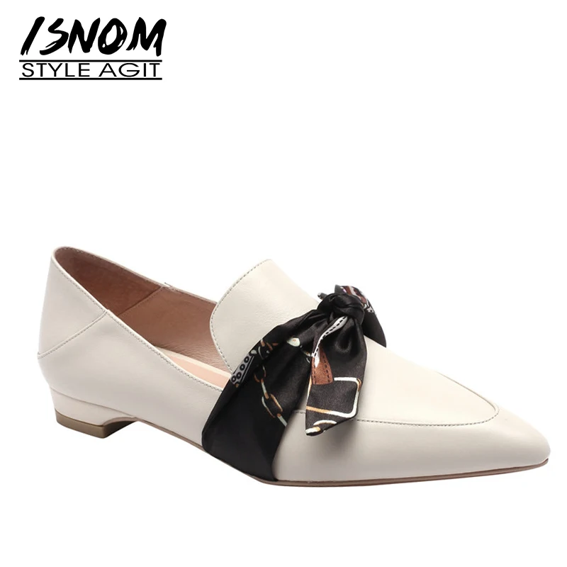 

ISNOM Print Riband Flats Women Cross Tied Pointed Toe Footwear Genuine Leather Shoes Female Mules Shoes Woman 2019 New Spring