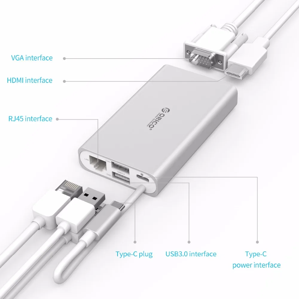  ORICO 5 in 1 Aluminum Docking Station Type C Power Delivery HUB to VGA/HDMI 4K HD/RJ45 Network Conv