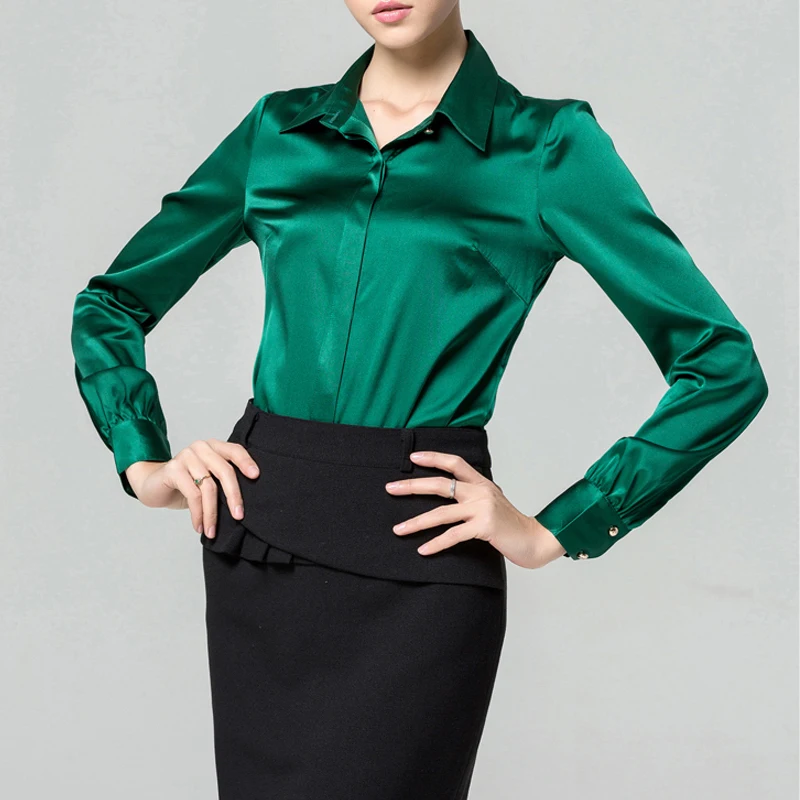 S-XXXL, женский модный, Шелковый, сатиновый, блуза на пуговицах, женские шелковые блузки, рубашки повседневные, офисные, белые, черные, синие, зеленые, с длинным рукавом 8041