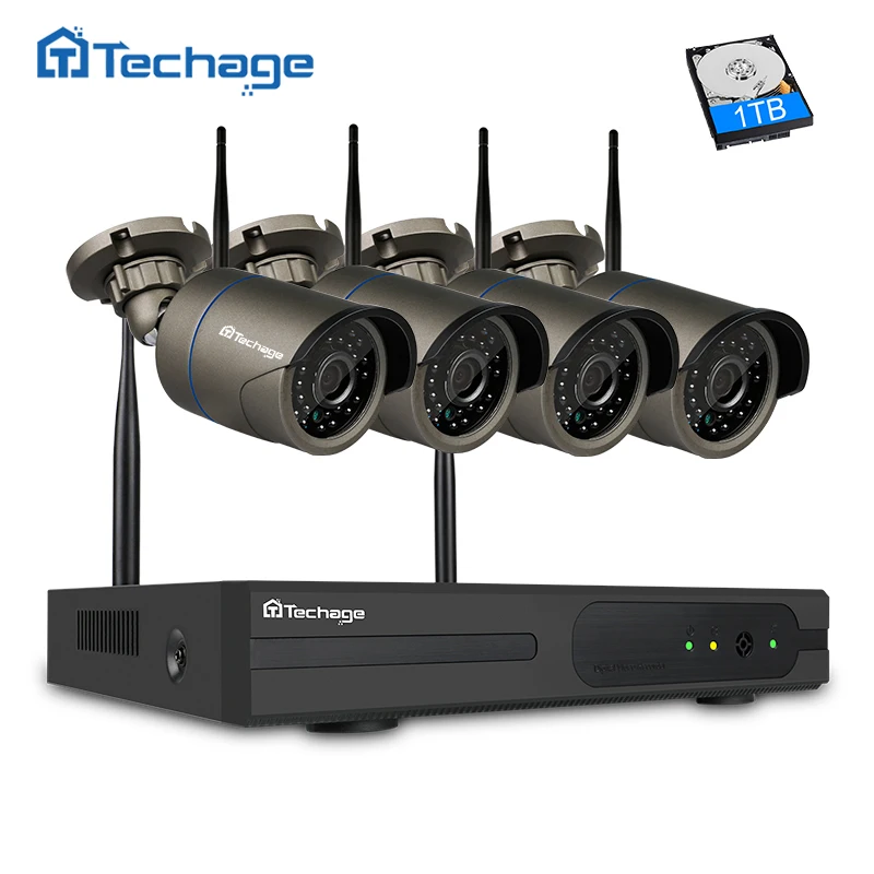 Koop Techage 4CH 1080 p Draadloze NVR System 720 p 1MP Outdoor Bewakingscamera IR Night P2P WIFI CCTV Video Surveillance systeem Kit