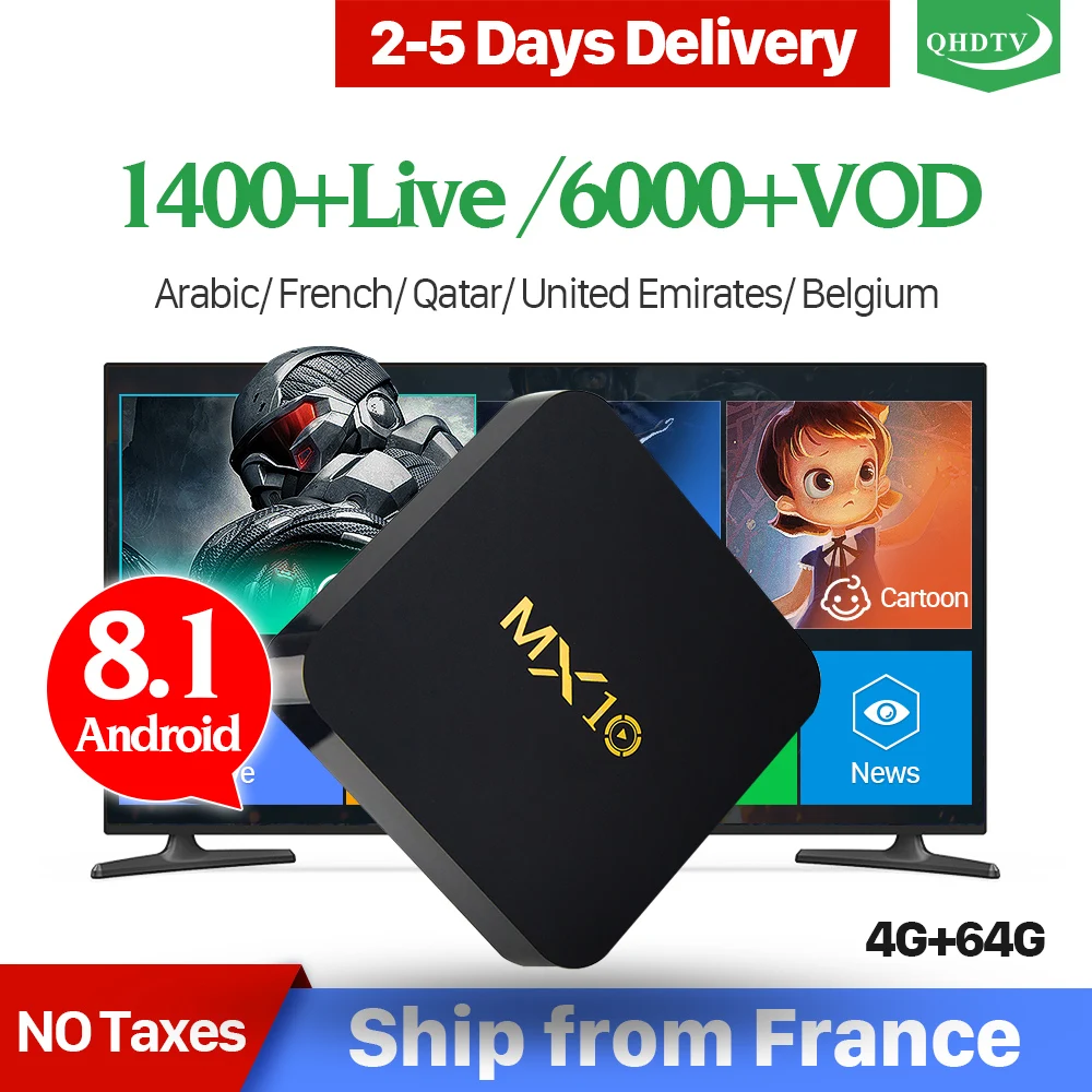 

QHDTV IPTV France Netherlands French Belgium Arabic IPTV Box MX10 IPTV Box Andriod 8.1 4GB 64GB RK3328 USB3.0 1 Year QHDTV Code