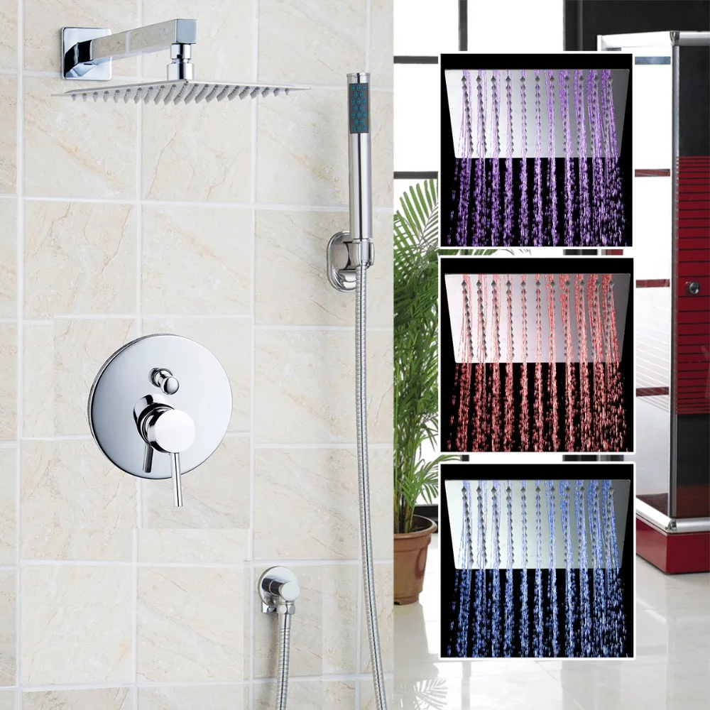 

8" 12"16" LED Bathrome Bathtub Rainfall Shower head Polished Wall Mounted Swivel Mixer Taps Shower Faucets Set Chrome Finish