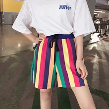 Harajuku красочные шорты женские свободные пляжные Стильные шорты с высокой талией полосатые прямые шорты с завязками Летняя мода