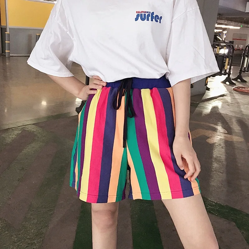 

Harajuku Rainbow Shorts Women Loose Beach Style High Waist Shorts Striped Straight Waist Drawstring Shorts Summer Fashion