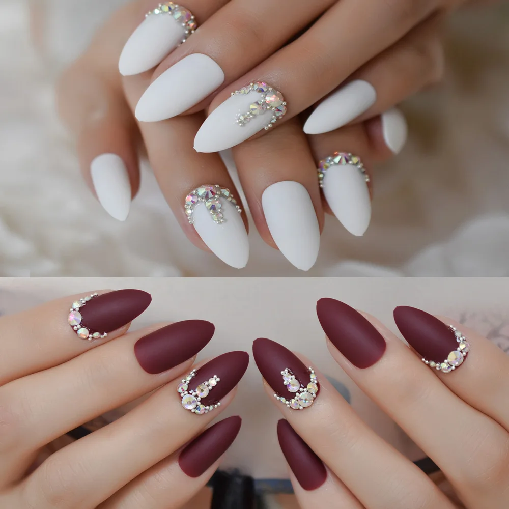 

3D Frosted Burgundy Matte Stiletto False Nails White 24pcs Amlond Sharp Fake Nails AB Gems Finished Pre Design Full Nail Tips