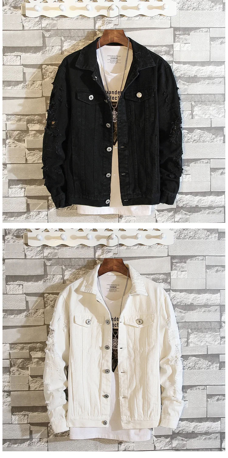 Мужская черная и белая Повседневная джинсовая куртка, верхняя одежда, джинсовые пальто с вышивкой, новые весенне-осенние мужские тонкие джинсовые куртки с отверстиями, размер M-5XL