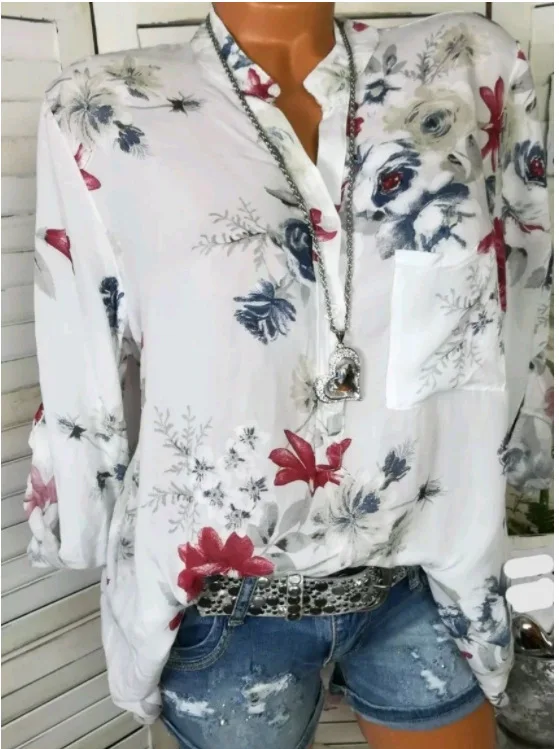

2018 Spring Autumn New Women Long Sleeve V-Neck Chiffon Tops Blouses Floral Printing Plus Size Loose Office Shirts Casual Blusas