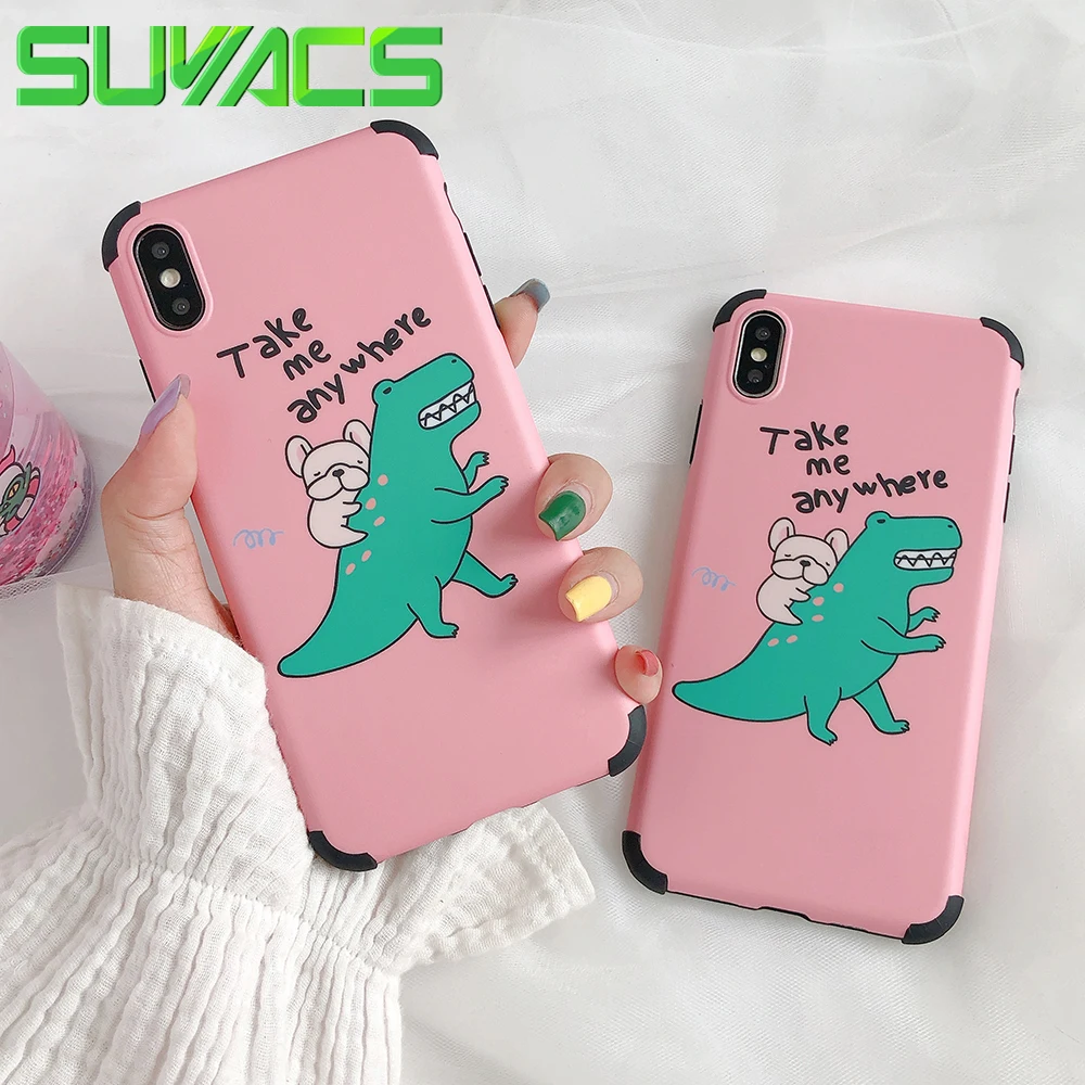 

SUYACS Friendly Dinosaur & Dog Case For iPhone XS MAX XR X 6 6S 7 8 Plus Soft Matte Shockproof Phone Back Cover Case Coque Gift