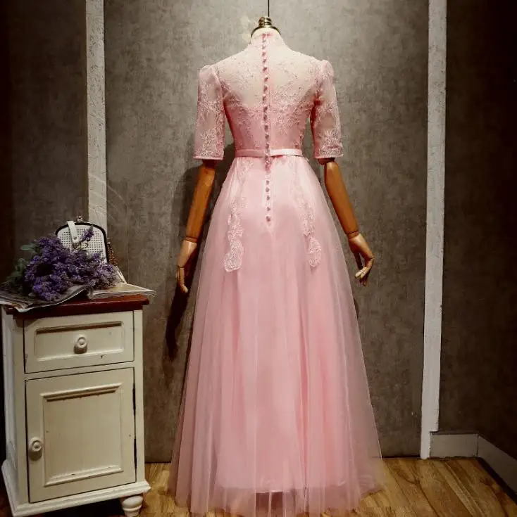 VENSANAC 2018 Beading High Neck Lace Appliques A Line Long Evening Dresses Vintage Party Button Bow Sash Half Sleeve Prom Gowns VENSANAC 2018 Beading High Neck Lace Appliques A Line Long Evening Dresses Vintage Party Button Bow Sash Half Sleeve Prom Gowns