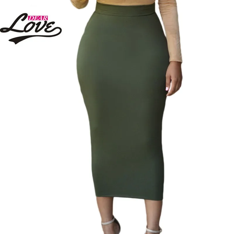 Dearlove moda verano mujeres faldas lápiz 2017 saia longe sólido negro de talle alto bodycon maxi falda lc71188 precio barato