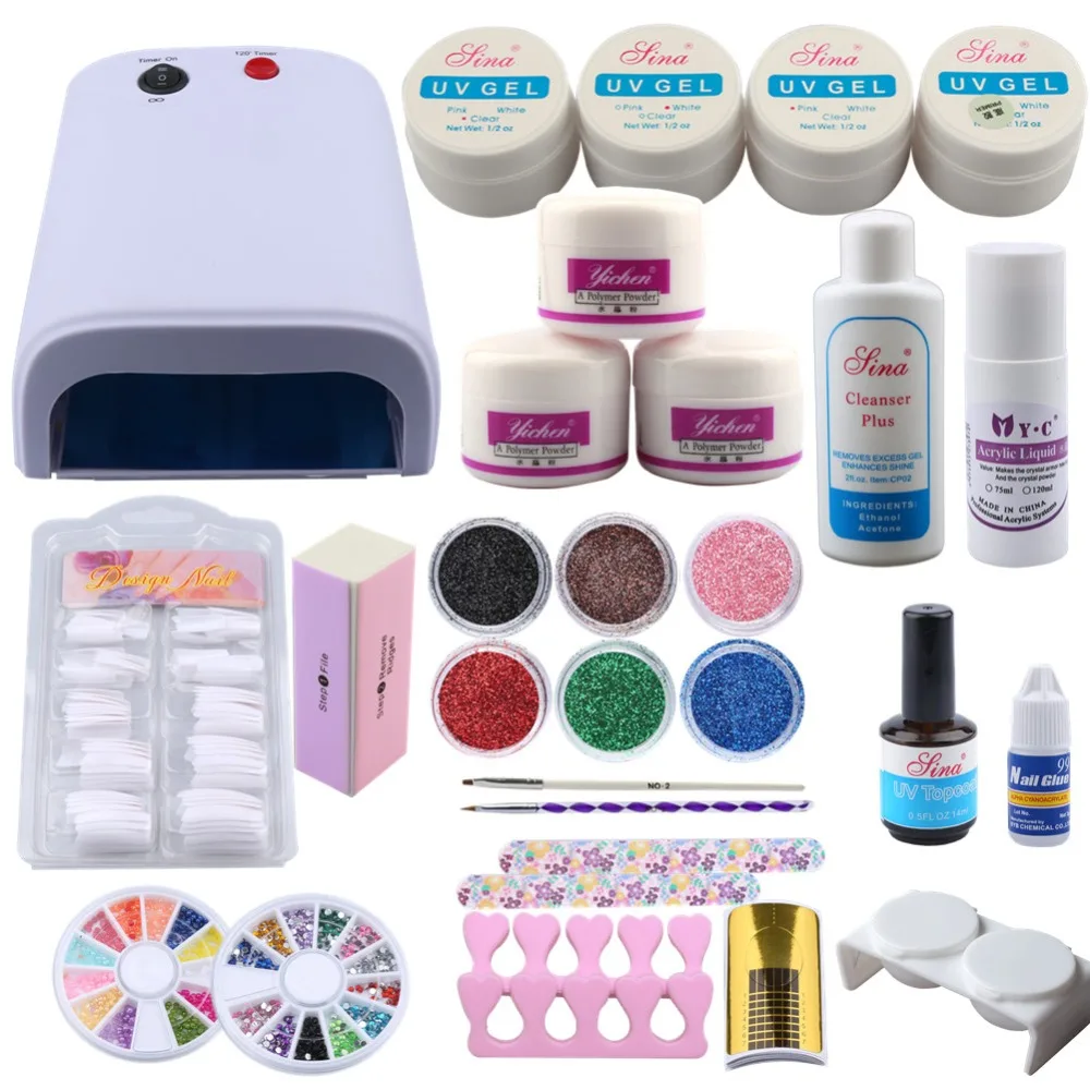 Набор гель UV акриловые пудры Набор 36W УФ-лампы 6 шт. Блеск порошок ложный набор для ногтей для украшения ногтей расширение Комплект инструменты для маникюра, набор