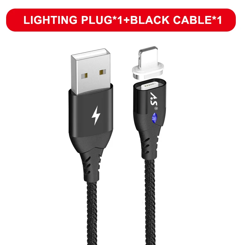 A.S Magnetic USB Cable for iPhone Cable XS Max XR X 8 7 6 Plus 6S 5 iPad Mini Fast Charging Cable Mobile Phone Charger Cord Data - Цвет: Black for Apple