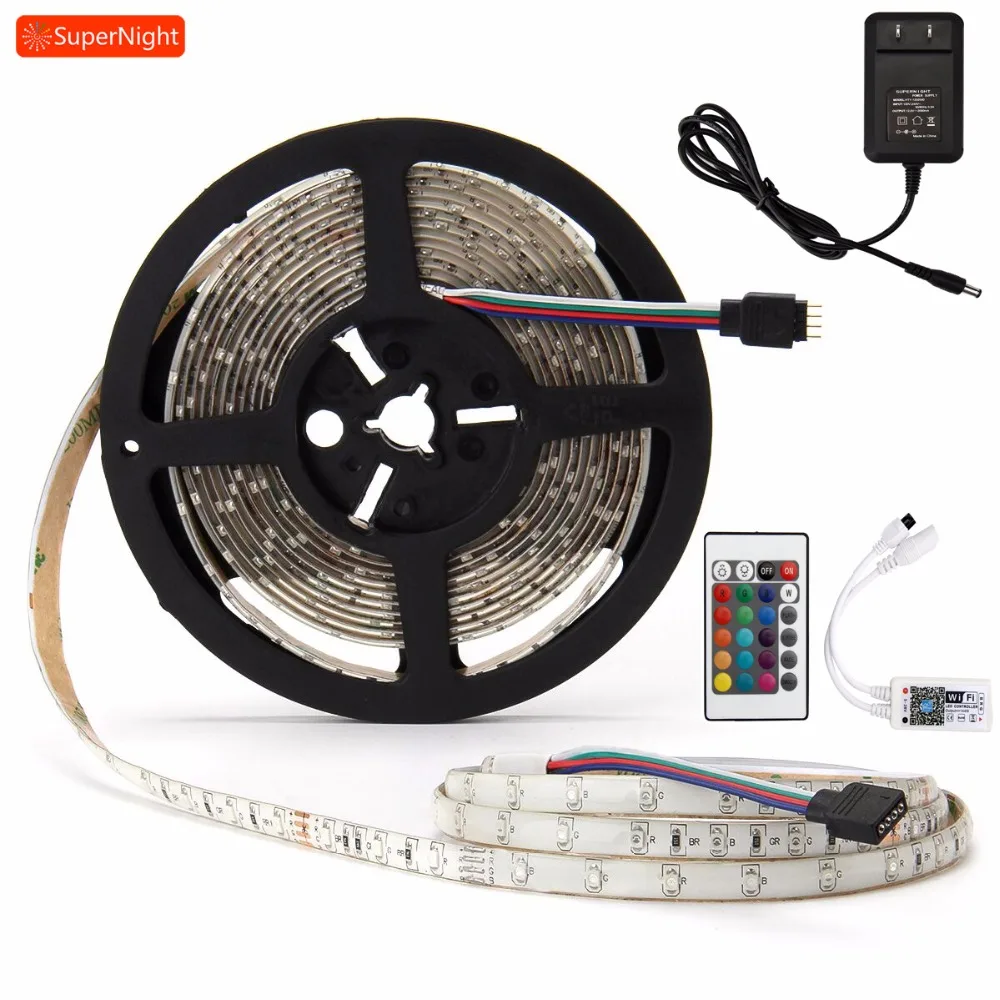 

SuperNight 3528 RGB LED Strip Light Kit 5M 60LEDs/m Waterproof IP65 Lamp Band with Power Adapter Smart IR Wifi Controller US EU