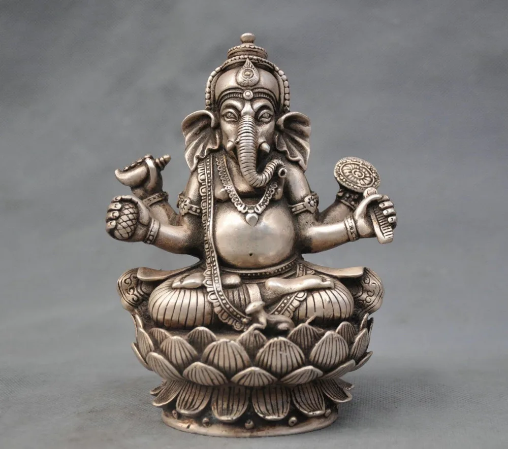 

6'' China Silver Buddhism Four arm elephant god wealth Bronze Statue