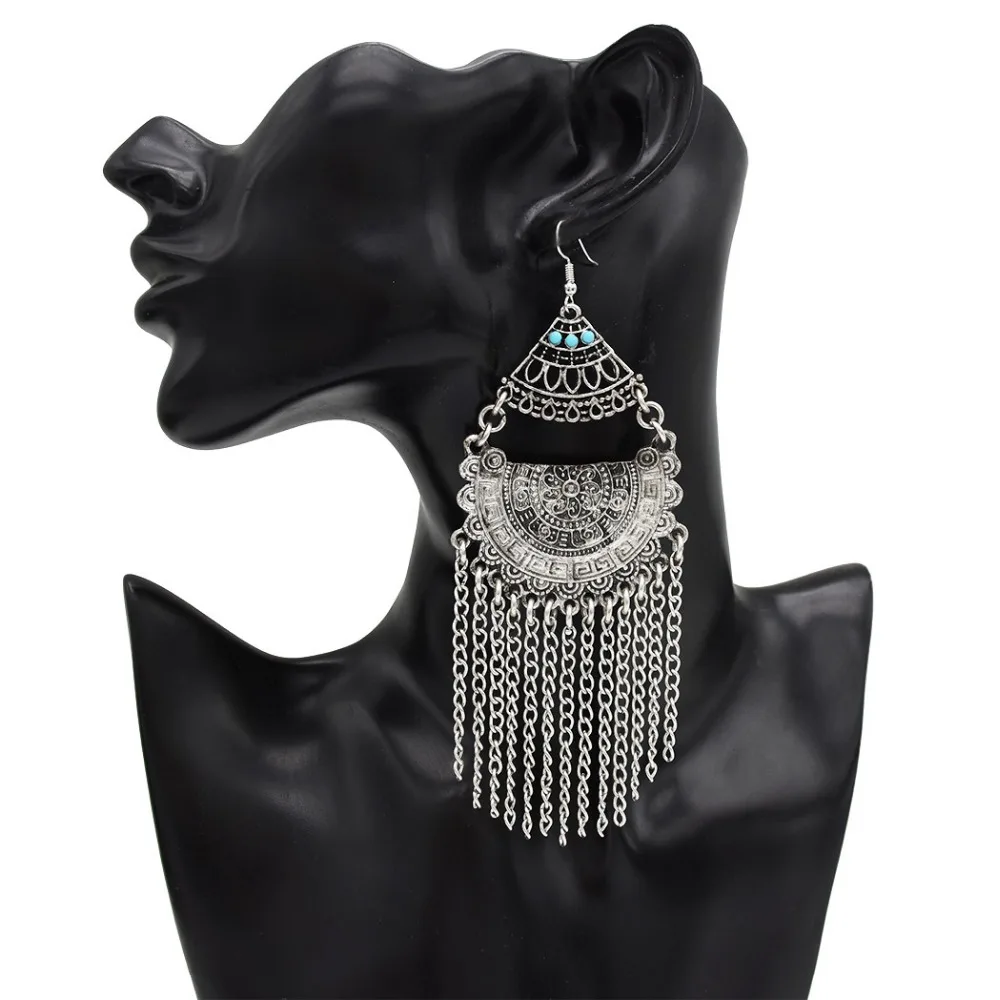 

Bohemian Vintage Big Drop Dangle Earrings Link Chains Long Tassel Retro Silver Statement Earrings for Women Party Charms Jewelry