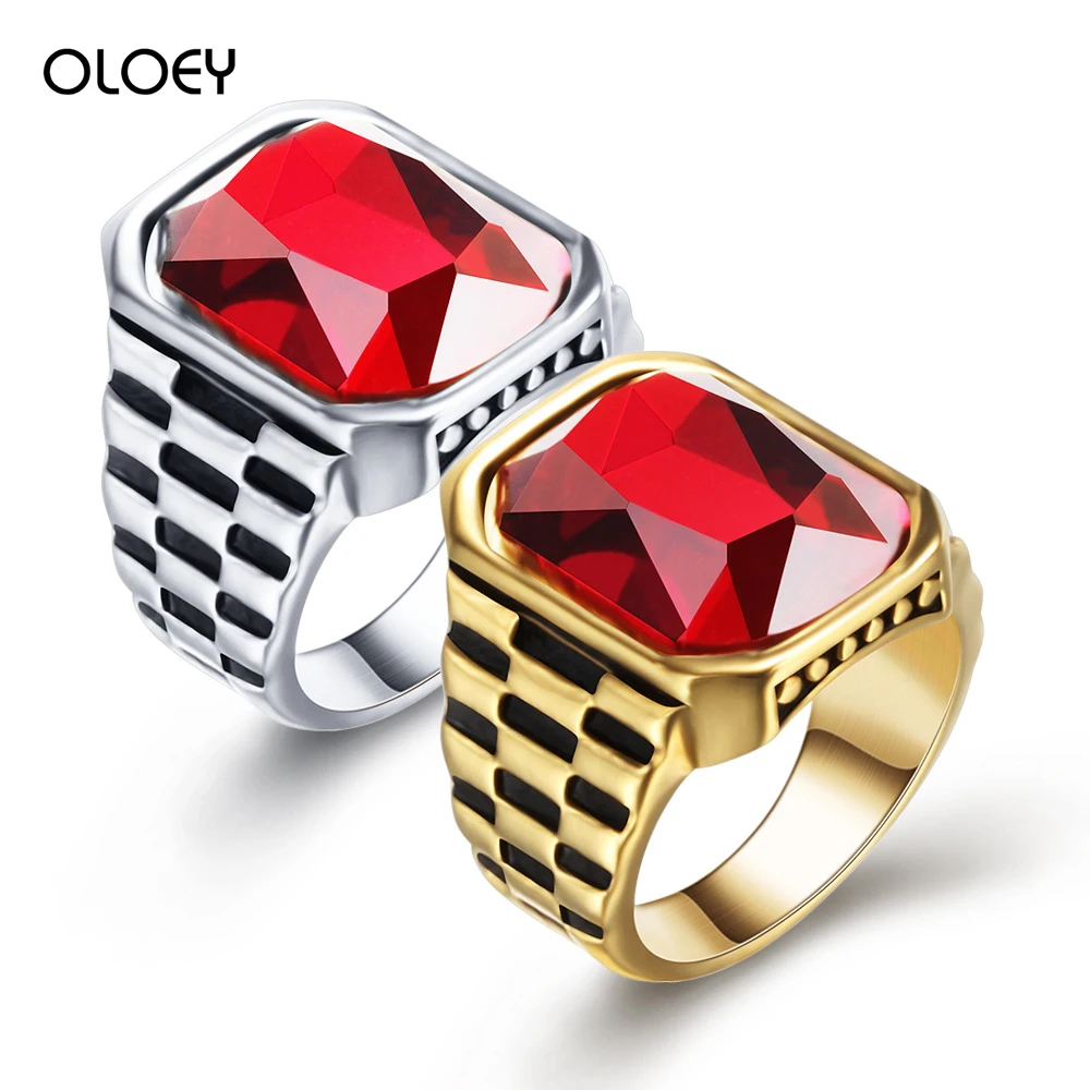 

OLOEY Fashion Punk Men's Rings Casual Male Red Crystal Finger Ring Jewelry Titanium Steel Knuckle Ring Accessories Gifts Male