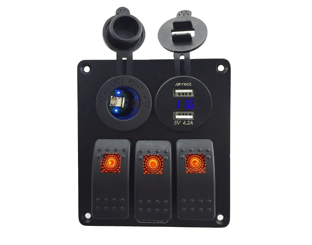 

DC12V-4V Power socket+ Double USB 4.2A Power Outlet Charger voltmeter Socket 3 Gang Orange Rocker Switch Panelfor Marine Boat