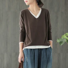 Осенне-зимняя футболка, модные женские искусственные в стиле ретро, две части футболки, топы с v-образным вырезом, одноцветная Смешанная Женская Повседневная футболка