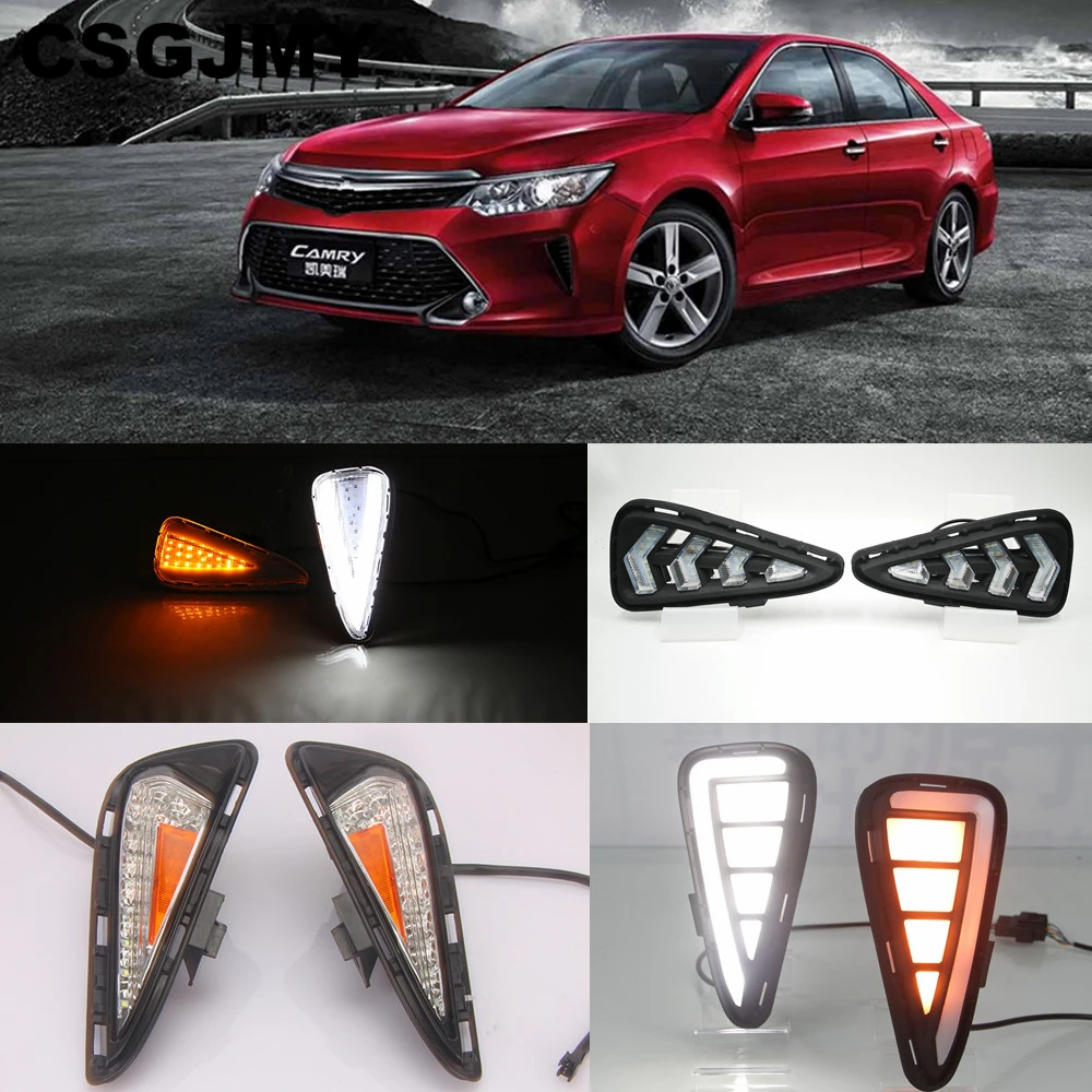 

CSGJMY 1 Set drl For Toyota Camry 2015 2016 2017 LED DRL Daytime Running Lights Daylight Fog light cover with Yellow Signal Lamp