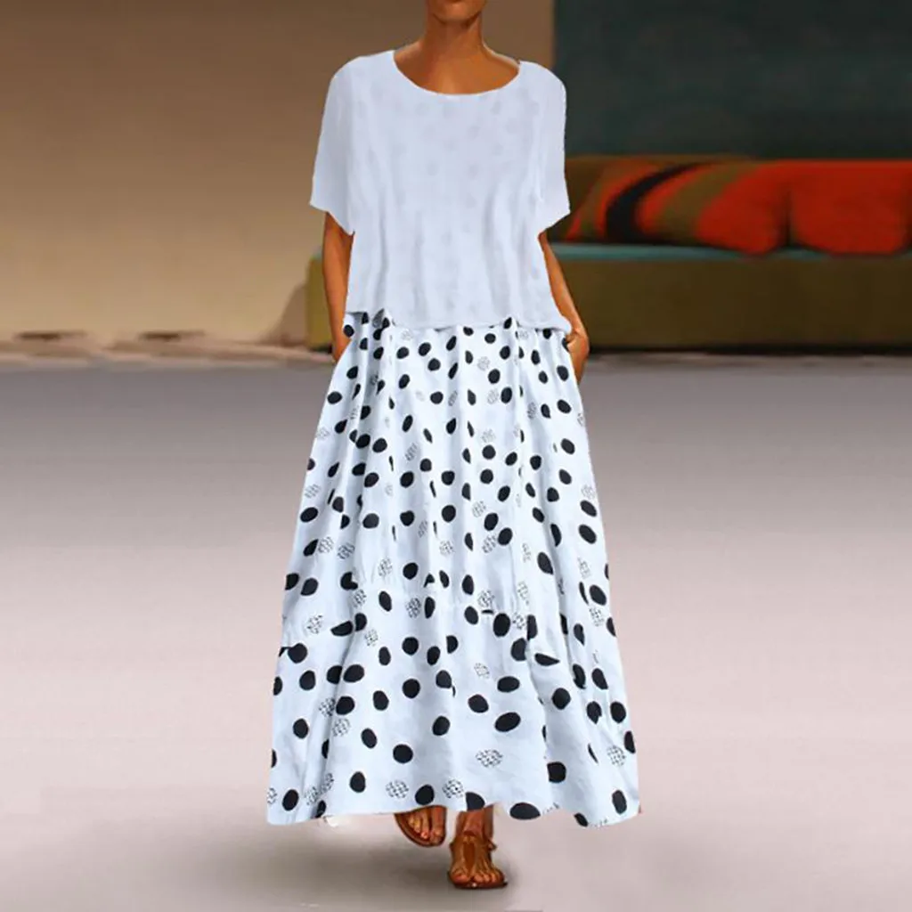 

KLV 2019 Women Vintage Dot Print Patchwork O-Neck Two Pieces Loose Maxi Dress free shipping #4